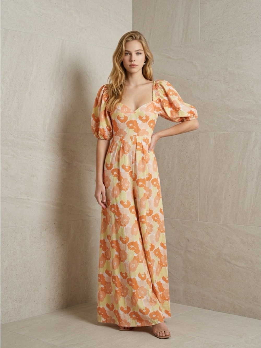 Floral Puff-Sleeve Maxi Jumpsuit in Peach Floral